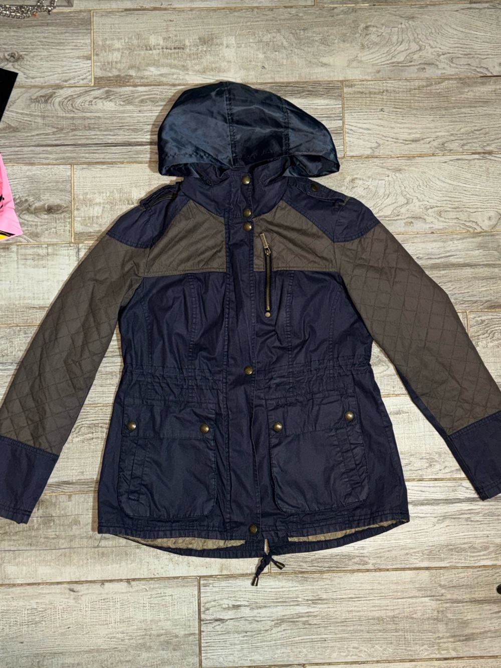 Michael Kors Navy Jacket with Brown Quilted Sleeves